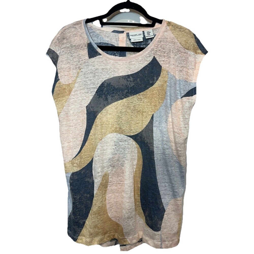 Rachel Zoe Linen Button Back Abstract Short Sleeve Top NWT Medium